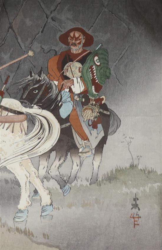 Five Japanese woodblock prints, including bijin, landscapes and a warrior (part of a triptych), 37 x 26cm, all unframed
